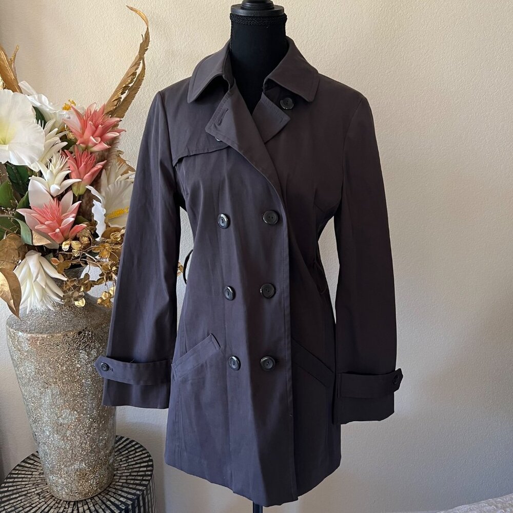 AB Studio Chic Minimalist Double Breasted Dark Gray Belted Overcoat Size 6 NWOT